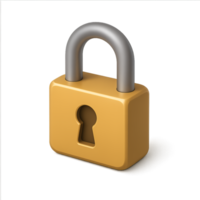 A golden padlock with a silver shackle, keyhole in the center, casting a shadow on a transparent background png