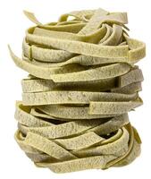 Nest of dry green egg pasta tagliatelle with spinach, isolated background photo