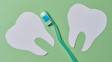 A green toothbrush is placed between two white paper cutouts of teeth on a light green background, symbolizing dental care and oral hygiene photo