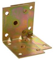 A shiny, golden colored metal corner bracket or angle brace with multiple screw holes, used for structural support photo