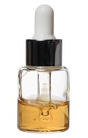 A small, clear glass dropper bottle containing a yellow or amber liquid, with a white dropper cap, isolated background photo