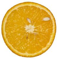 A round cross-section of a bright orange orange with segments and several seeds visible. photo