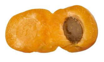 Close-up of ripe apricot with pit showing bright orange flesh and texture of fruit, isolated background photo