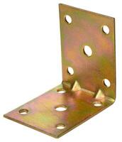 A shiny, golden colored metal corner bracket or angle brace with multiple screw holes, used for structural support. photo