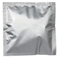 A blank, square, silver foil sachet or pouch, isolated background, suitable for product packaging mockups photo