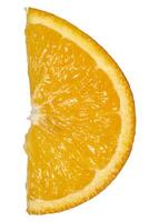 A slice of bright orange orange with visible segments of pulp and thin peel. Close-up of a citrus slice on an isolated background photo