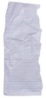 Close up of a crumpled, torn sheet of white lined paper with blue lines, isolated background photo