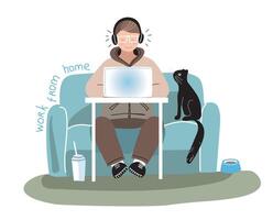 Man working on the laptop with his cat vector