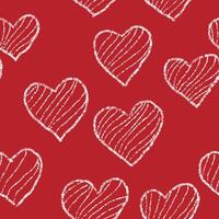 Hearts with diagonal stripes, waves. seamless pattern hand drawn. White chalk doodle symbols on red. vector