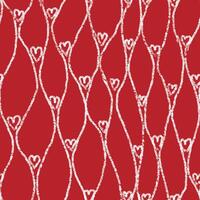 Abstract seamless pattern with hand drawn lines, waves, heartss. White chalk ornate on red background. vector