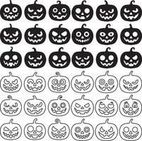 Collection of halloween pumpkin jack-o'-lanterns with different spooky and cute faces, isolated on a white background for easy use in designs. vector