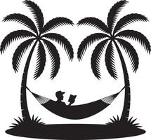 A man relaxes in a hammock between two palm trees on a tropical island vector