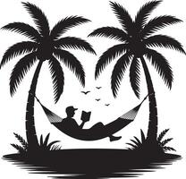 Man relaxing in a hammock between two palm trees on a tropical beach, reading a book vector