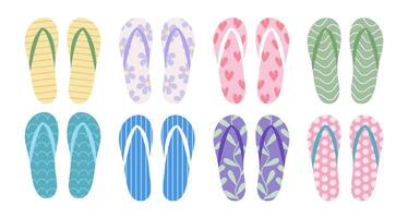 Summer flip flops flat set. Different beach slippers top view set vector