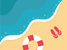Sunny summer beach top view with sea wave, beach slippers and inflatable ring flat background vector