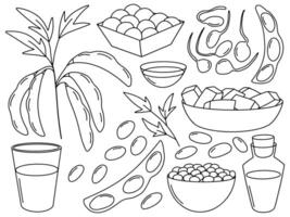 Soy bean sketch set. Hand drawn soybean and soy products set vector