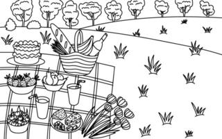 Picnic on summer field hand drawn sketch. Hand drawn Coloring page with summer picnic with fresh food vector