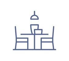 Dining table icon, minimal furniture symbol, empty restaurant setting, chair and lamp outline, cafe interior element, simple seat layout, line drawing decor flat illustration. vector