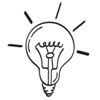 A light bulb with rays of light, a conceptual symbol of an idea. Contour, abstract drawing by hand, doodle. Black on white background, . vector