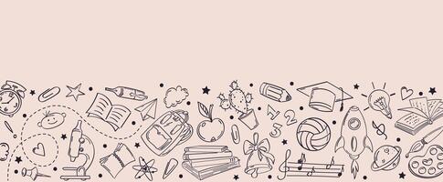 Horizontal banner with contour patterns, back to school. Conceptual symbols of education drawn in doodle style. vector