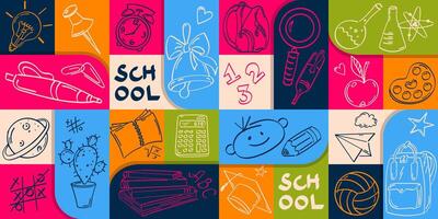 Geometric seamless pattern with pictograms on the theme of education. Ideal for covers, wrapping paper, backgrounds. vector