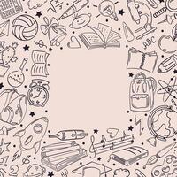 Frame with doodle drawings on the topic of education. Square background, monochrome colors, copy space. vector