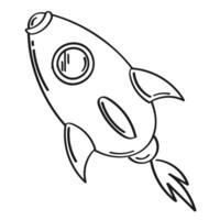 Rocket ship in flight. Contour, abstract drawing by hand, doodle. Black on white background, . vector