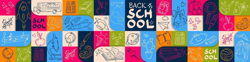 Back to school, geometric style horizontal banner with contour patterns. Rocket, globe, school bus, books, notebooks, pens, pencils and other conceptual symbols of education. vector