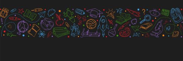 Back to school, colorful horizontal banner with doodle drawings on the theme of education. Dark background. vector