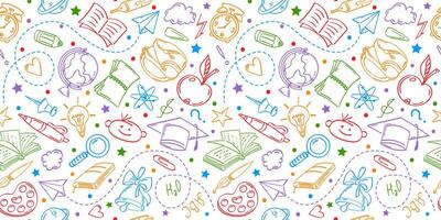 Seamless pattern with conceptual pictograms on the theme of education, contour drawings by hand. Suitable for covers, wrapping paper, backgrounds. vector