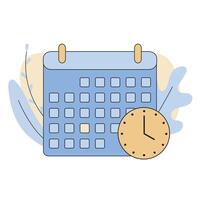 Calendar with clock icon. Concept of organization appointment, schedule, deadline, timing. illustration, flat cartoon design vector
