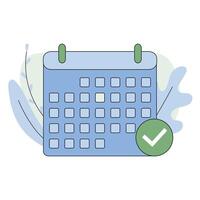 Calendar with check mark icon , flat cartoon event reminder with check mark as approved or schedule date symbol. illustration vector
