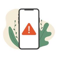 Alert, mobile phone notification, warning, virus, error, important message concepts. Smartphone with exclamation point on screen. Modern flat design. illustration vector