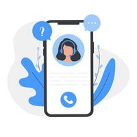 Customer service, operator woman with headphones and a microphone around icons support elements. Call center. Personal assistant service. Flat style illustration vector