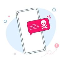 Smartphone with speech bubble and skull and bones on screen. Skull icon. Threats, mobile malware, spam messages, fraud, sms spam concepts. Modern flat design illustration vector