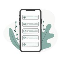 Mobile phone and checklist illustration, flat cartoon smartphone with list checkboxes, concept of survey, online quiz, completed things or done test, cellphone feedback vector