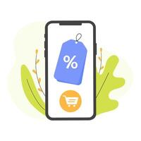 Phone with discount. Store special offers advertisement. Markdown program, loyalty program, promotional mix metaphors. flat illustration vector