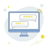 Customer reviews. User reviews bubble on computer. Feedback, experience concept. Online review notifications with star ratings. Flat style. illustration vector