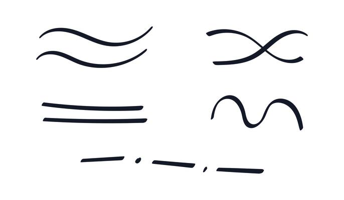 Set of Doodle different Lines. Hand drawn contour Waves, Dotted line. Collection of parallel Stripes, Curves in black ink, marker. Crossed lines. Simple Scribble elements, sketch. illustration
