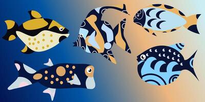 Set of tropical fishes on a blue gradient background. vector