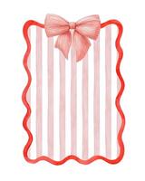 Wavy red frame with striped pink background and ribbon bow. Hand drawn watercolor abstract graphic template. Coquette style rectangle vertical poster. Perfect for summer card and holiday design. vector
