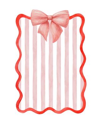 Wavy red frame with striped pink background and ribbon bow. Hand drawn watercolor abstract graphic template. Coquette style rectangle vertical poster. Perfect for summer card and holiday design.