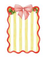 Wawy red frame with striped yellow background and bow. Hand drawn watercolor abstract graphic template. Coquette style rectangle vertical floral poster. Perfect for summer card and holiday design. vector
