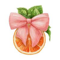 Orange slice with pink bow and leaf. Hand drawn watercolor food illustration of cute arrangement. Juicy citrus image with colorful realistic texture. Perfect for summer card template and menu design. vector