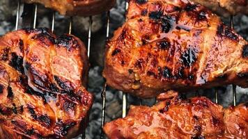 Grilled Meat Sizzling on Barbecue Grill with Char Marks video