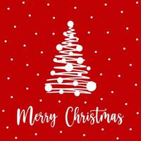 Xmas tree in doodle style for greeting card. Hand drawn fir tree with festive swirls and ornaments on red background. Concept fun and modern Xmas greeting card to send Merry Christmas wishes. vector