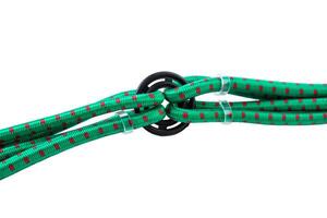 Close-up of plastic ring holding several green bungee cords with metal hooks. Durable gear organizer on white background for automotive and outdoor use. photo