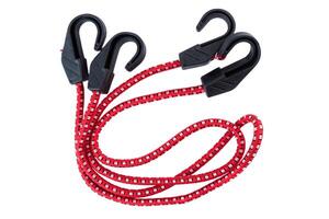 Red bungee cord with four black plastic hooks on a white background. Durable elastic strap for securing items in transport, storage, or outdoor use. photo