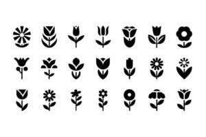 Collection of 21 Black Flat Flower Icons in Minimal Silhouette Style for Nature, Botanical Design, Decoration, and Logo Elements vector