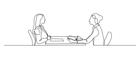 Job interview - modern simple one continuous line design composition with recruiter and candidate. Continuous Line Drawing of Two women are talking at the table. vector